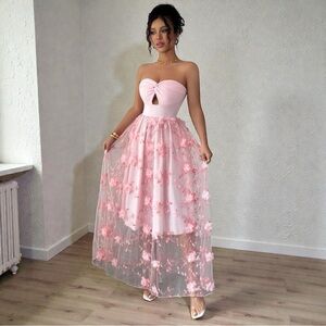 NEW Strapless 3D Floral Tulle Midi Dress, Romantic Pink, XL Formal Gown, Party
